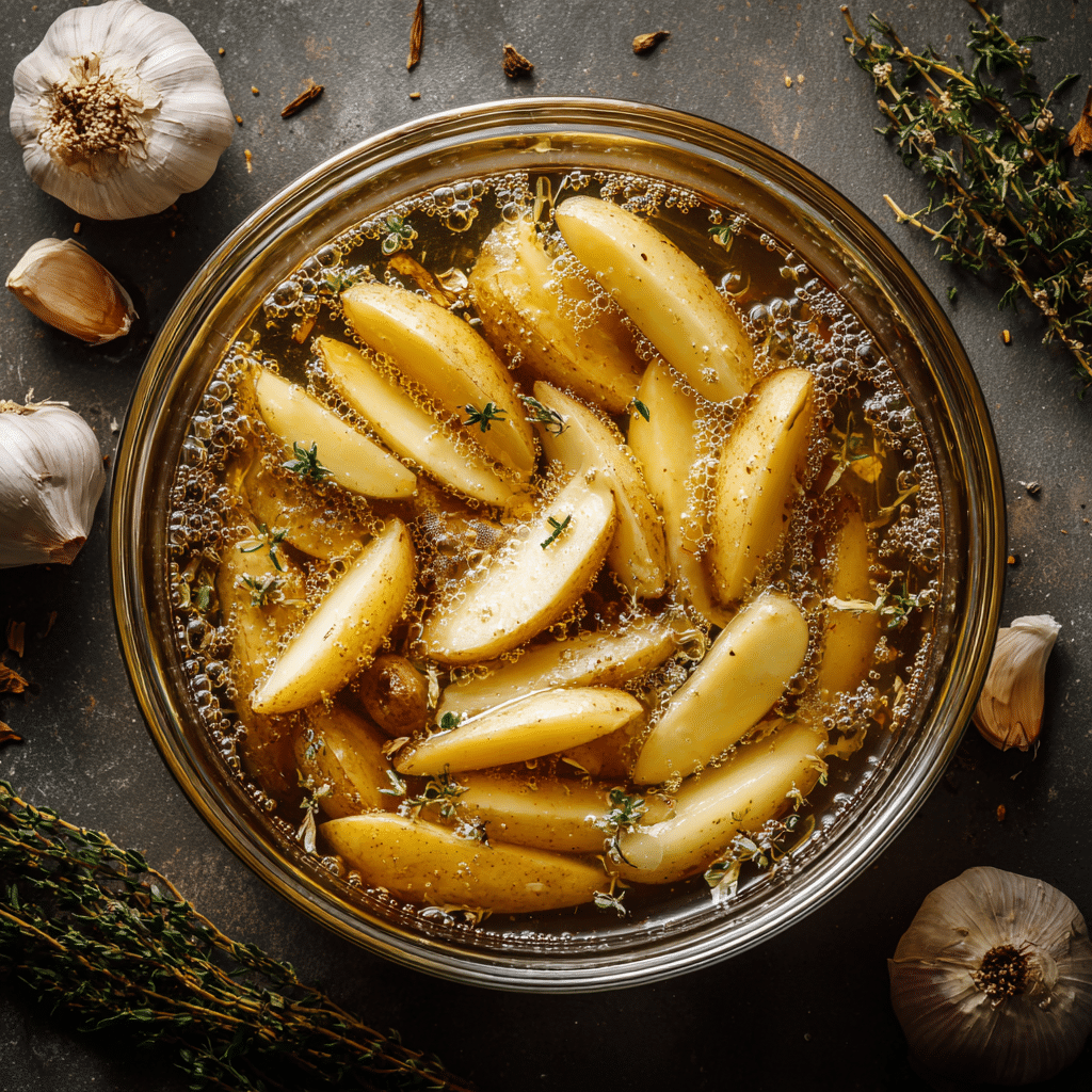 soaking-russet-potatoes-prep Soaking russet potatoes before seasoning with liquid smoke