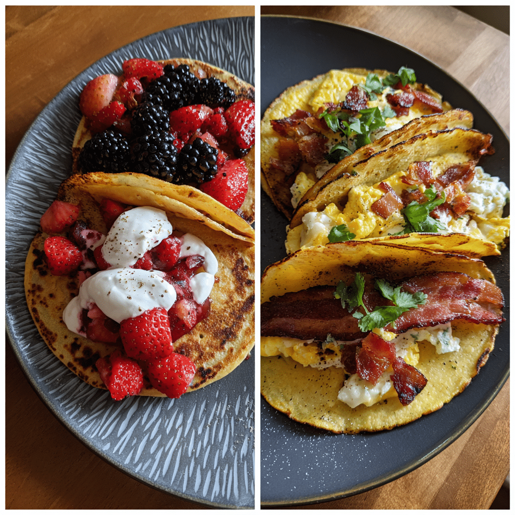 Sweet and savory pancake tacos side by side on breakfast plates