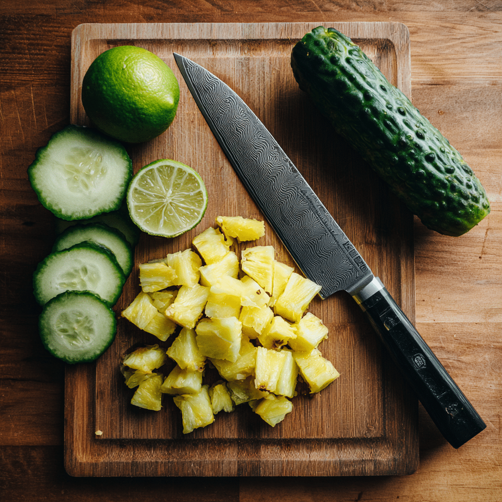 chopped-pineapple-cucumber-prep chopped pineapple and cucumber with lime on cutting board