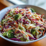 Coleslaw Broccoli Salad – The Crunchy, Creamy Twist You Need Today 4 Crunchy coleslaw broccoli salad in a white bowl with carrots and cabbage
