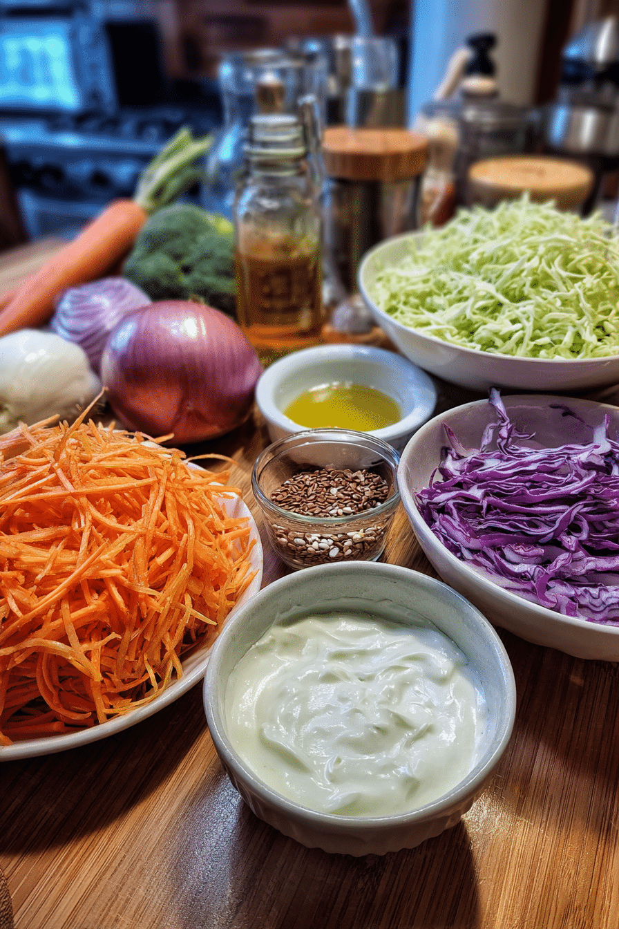coleslaw-broccoli-salad-ingredients Ingredients for coleslaw broccoli salad laid out before mixing