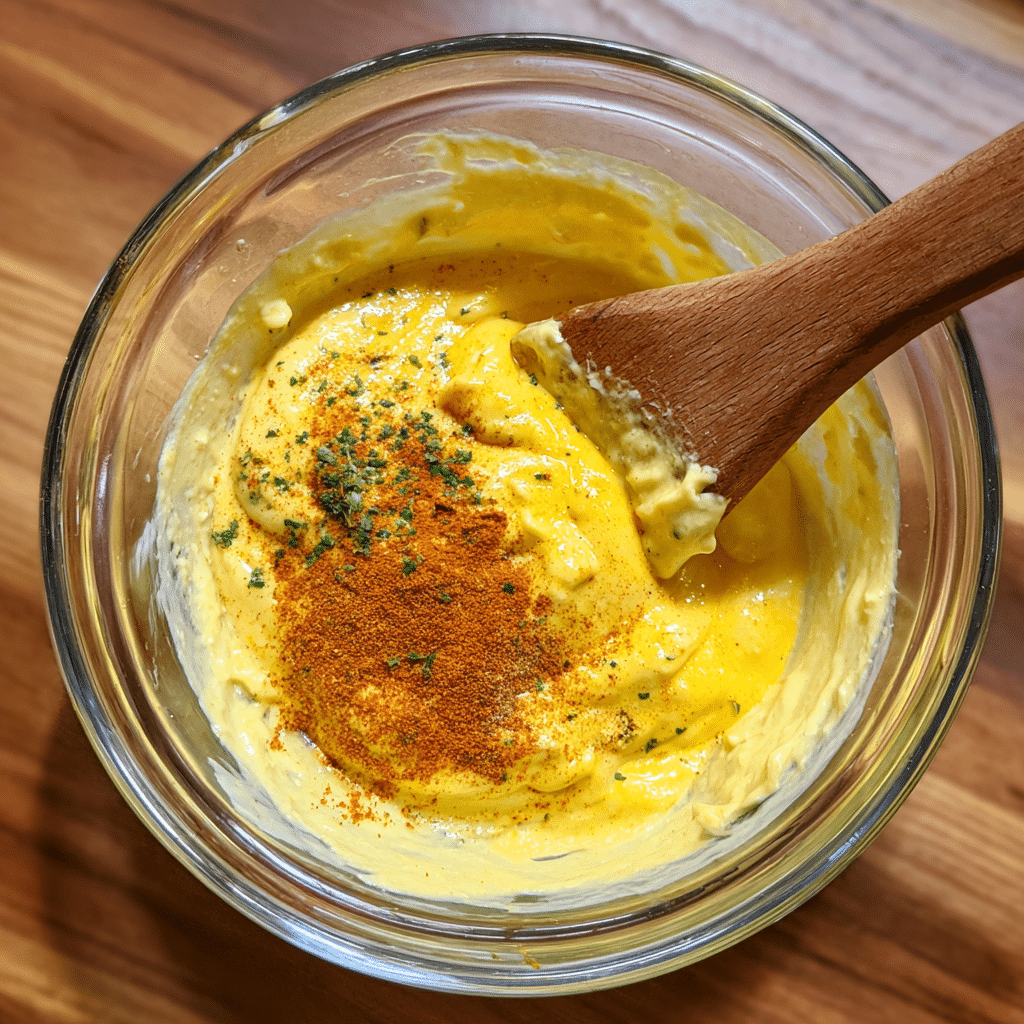 deviled-egg-dressing-paprika making deviled egg dressing with paprika