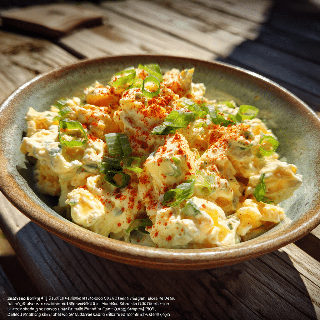 deviled egg potato salad in ceramic bowl