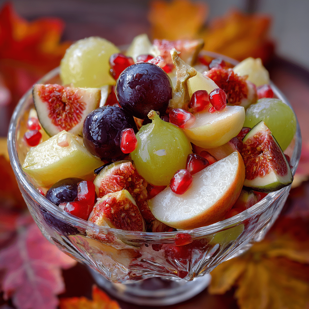 Fall fruit salad in a glass bowl with fresh seasonal fruits.