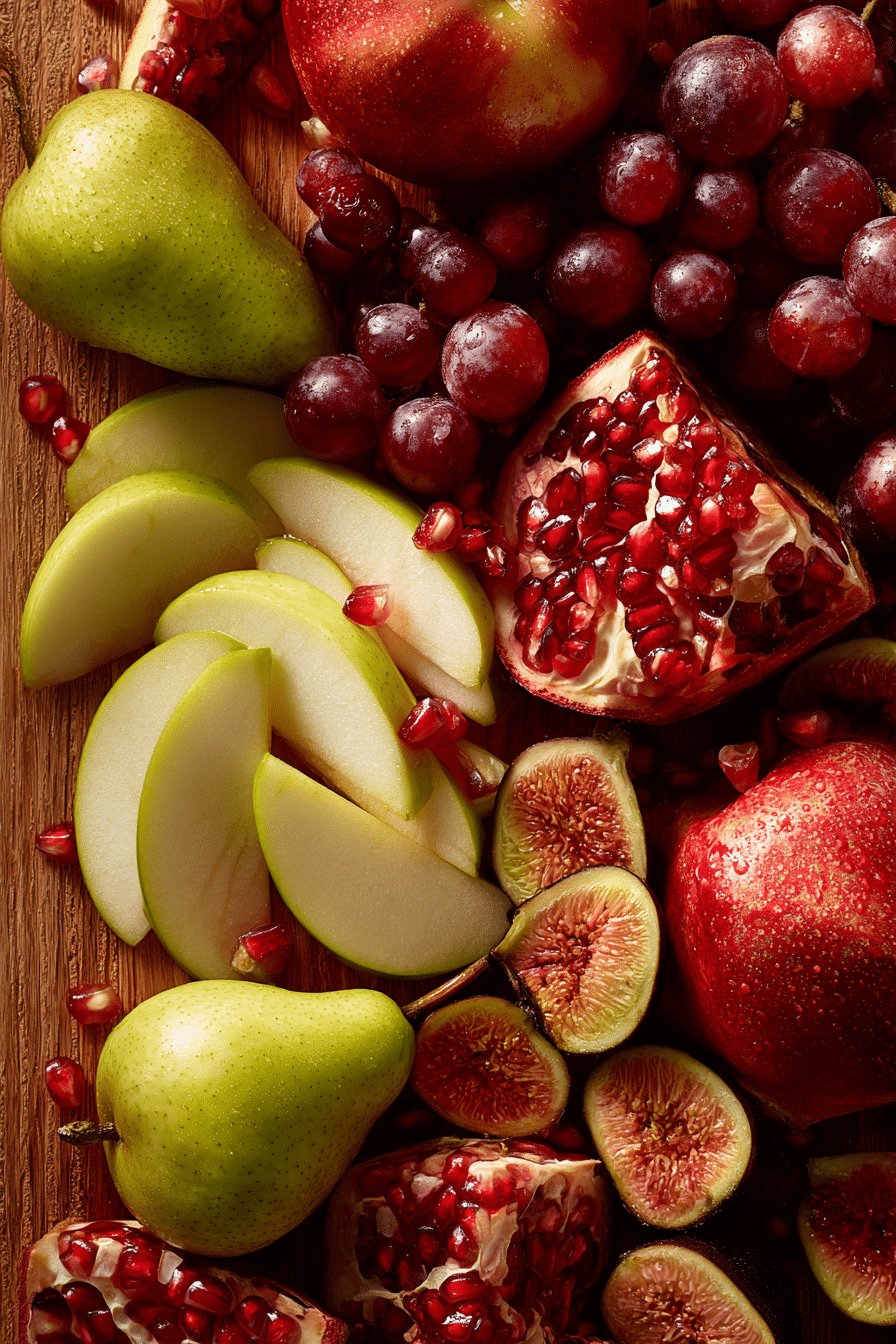 Freshly sliced apples, pears, and grapes for fall fruit salad.
