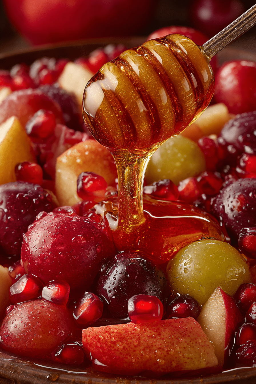 Drizzling honey over a bowl of fall fruit salad.