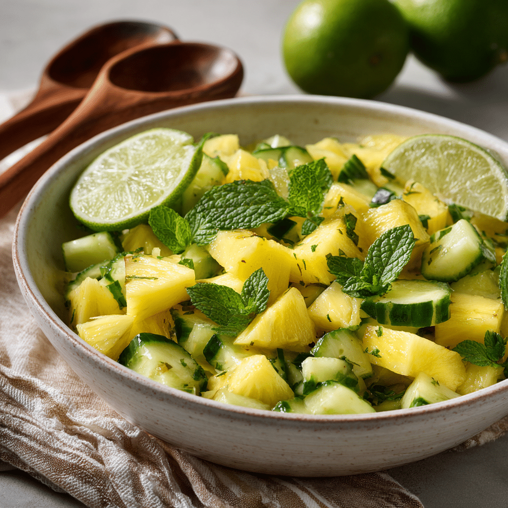 pineapple cucumber salad in a white bowl with mint and lime