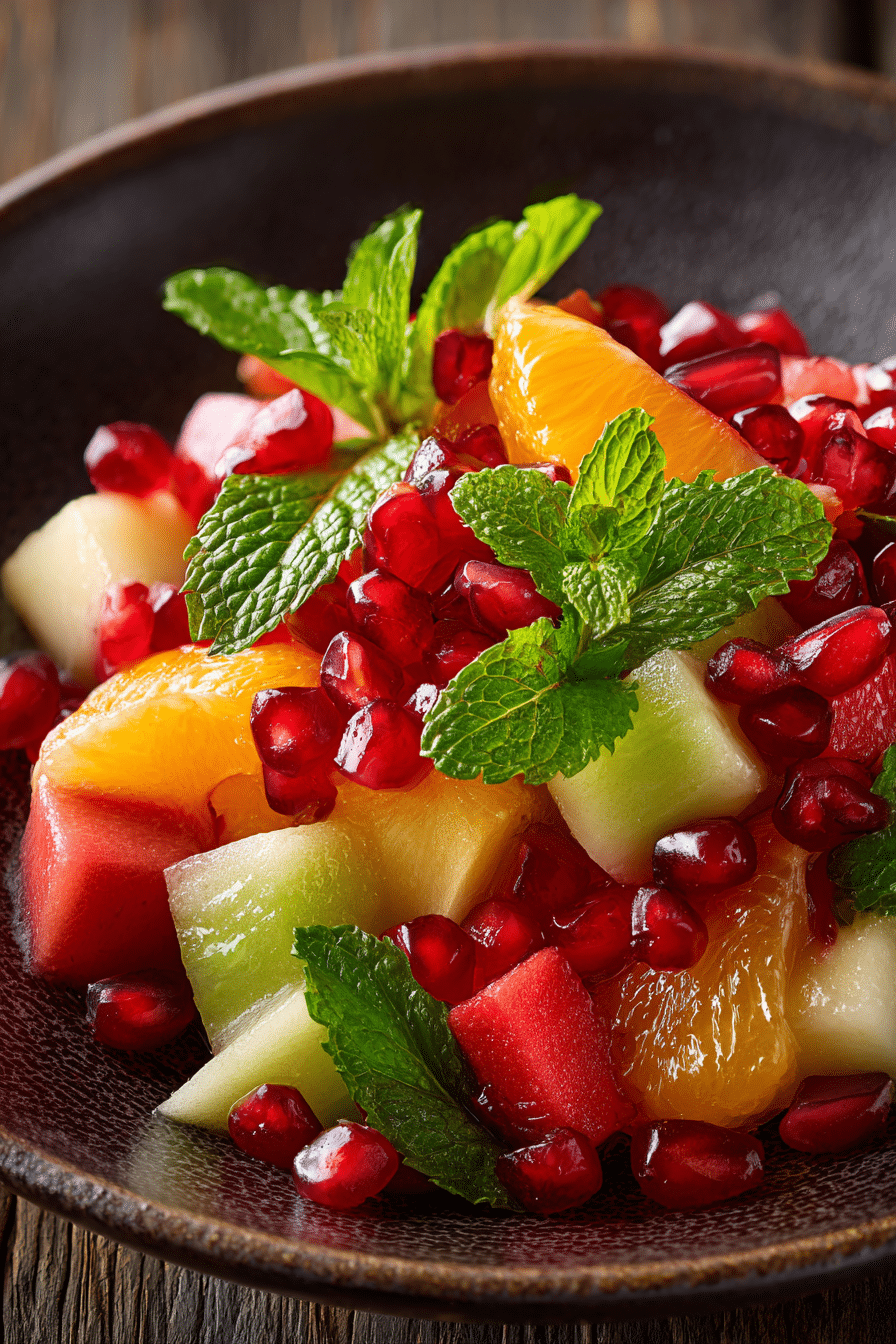 Plated fall fruit salad with mint leaves and pomegranate garnish.