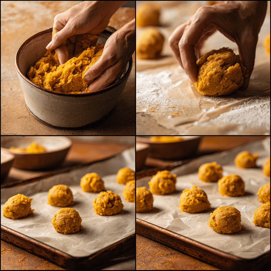 pumpkin cookie recipe dough being scooped onto baking tray