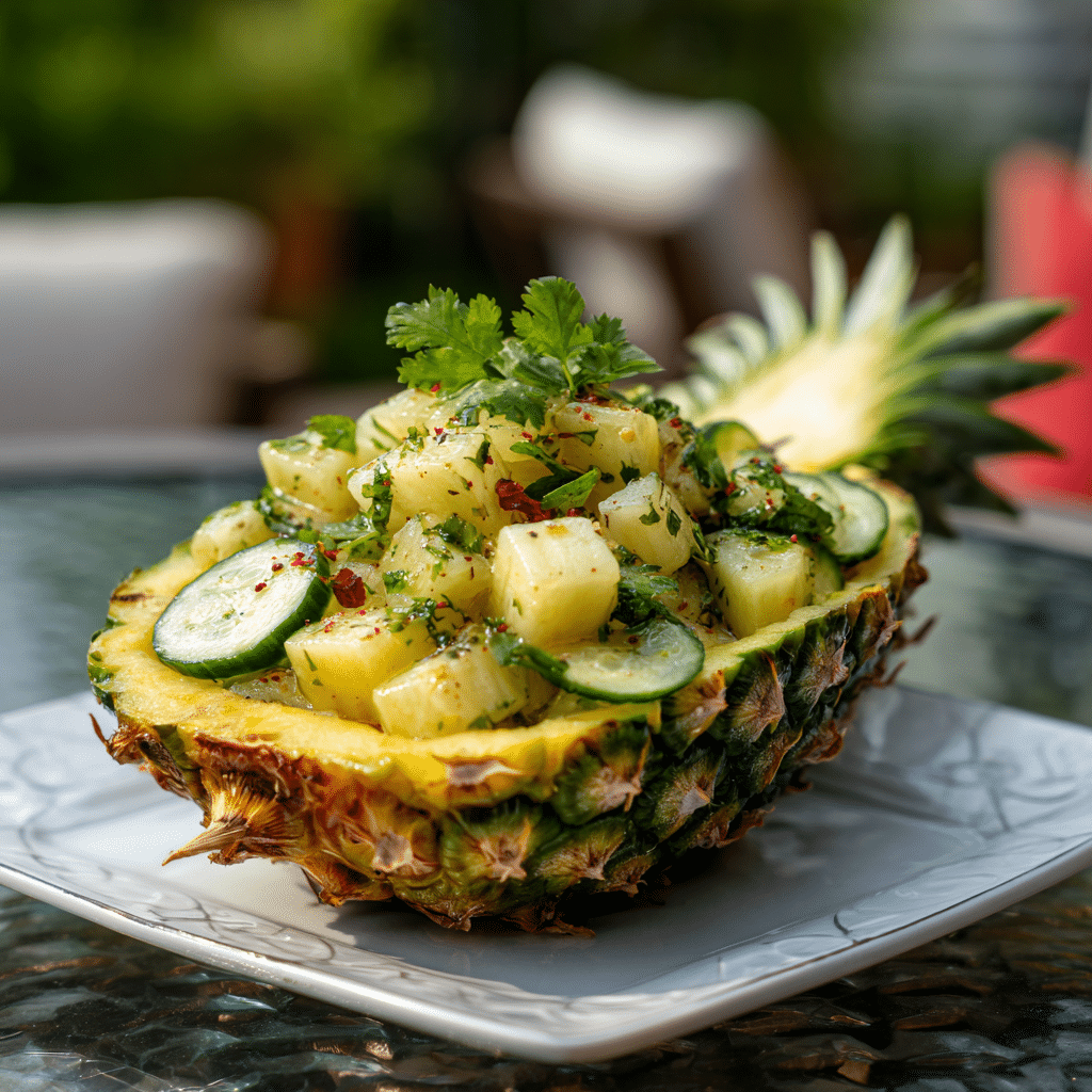 salad-in-pineapple-shell pineapple cucumber salad served in pineapple shell