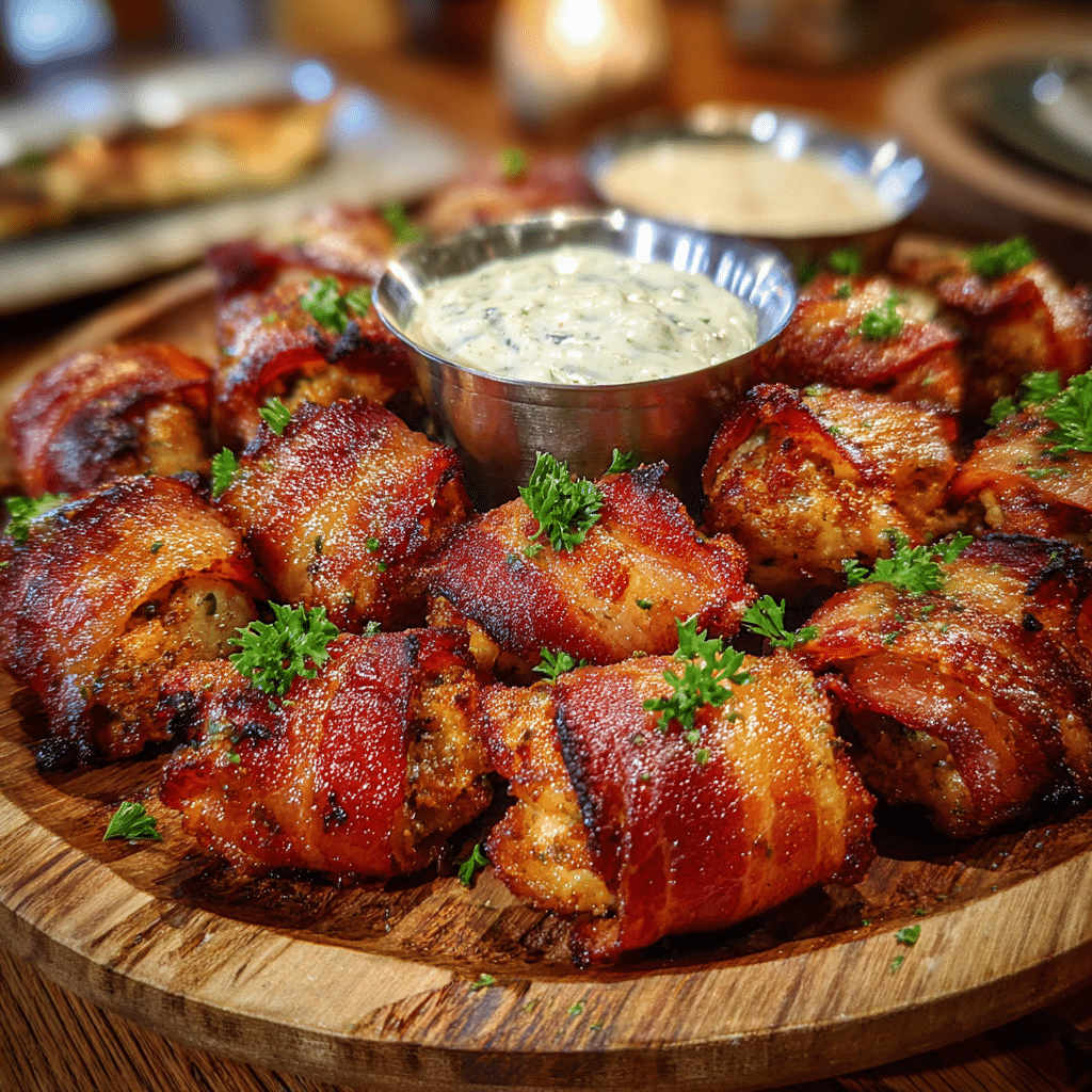 WW2 wrapped gator bites recipe on wooden platter