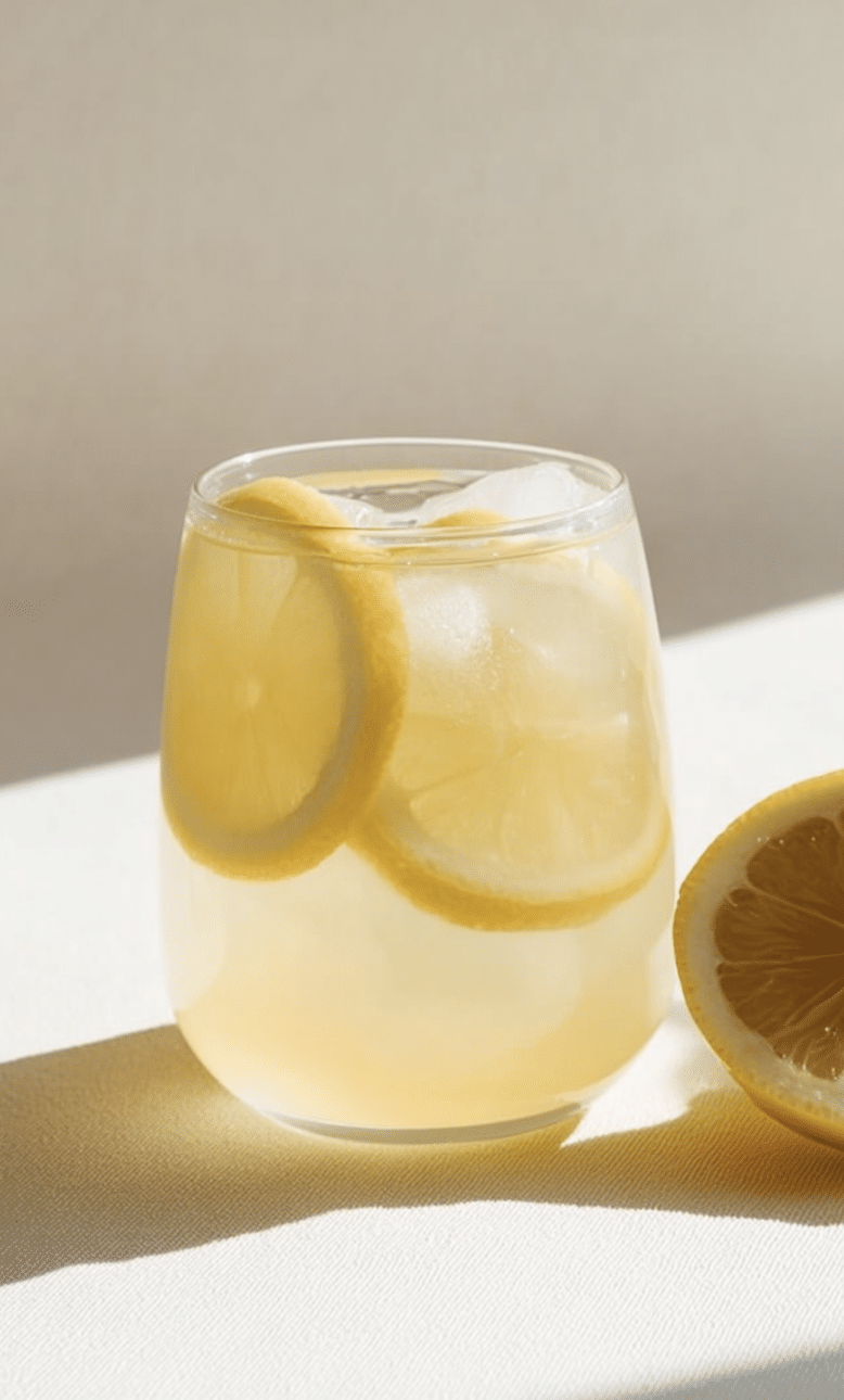 Refreshing apple cider vinegar tonic served over ice with lemon slices and a cinnamon stick in a clear glass.