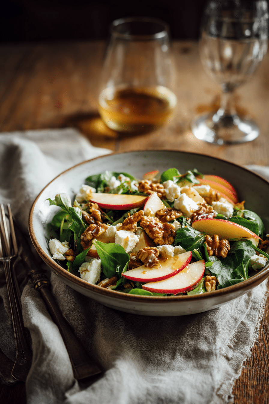 Pouring cider vinaigrette over apple and walnut salad with fresh greens, apples, and toasted walnuts.