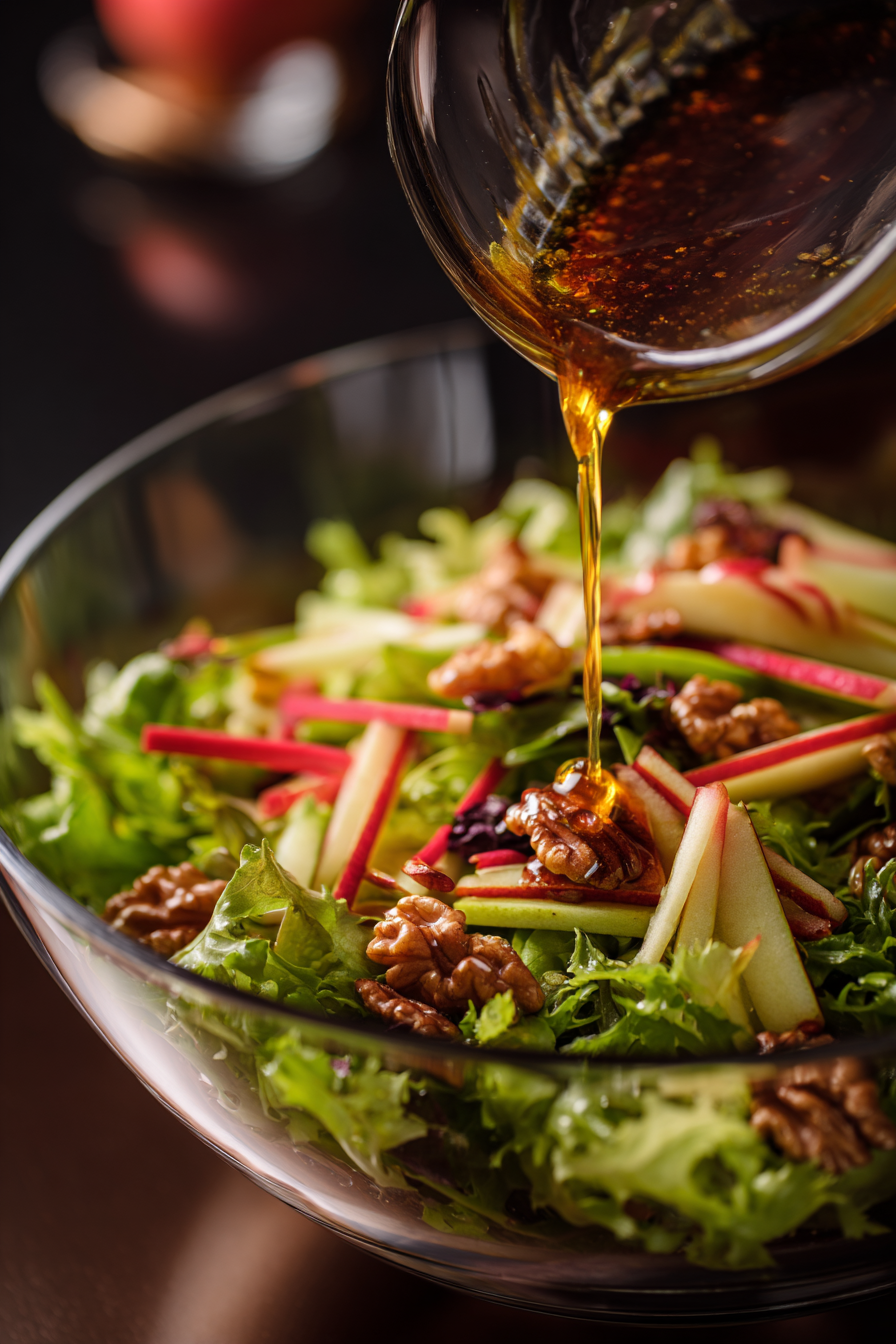 Apple and walnut salad with Honeycrisp apples, toasted walnuts, and crumbled feta served in a ceramic bowl.