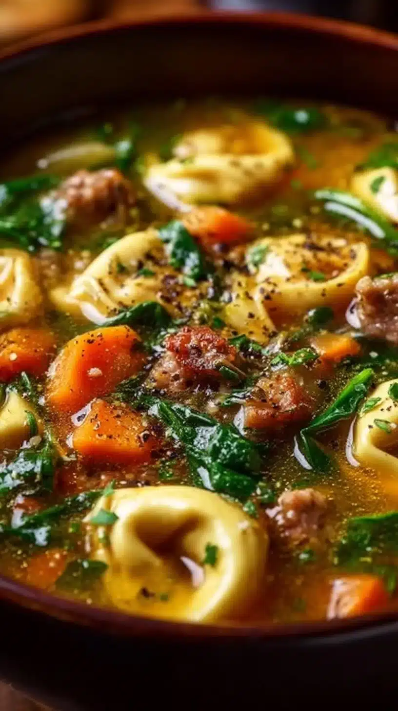 A bowl of autumn tortellini soup with sausage, garnished with parsley.