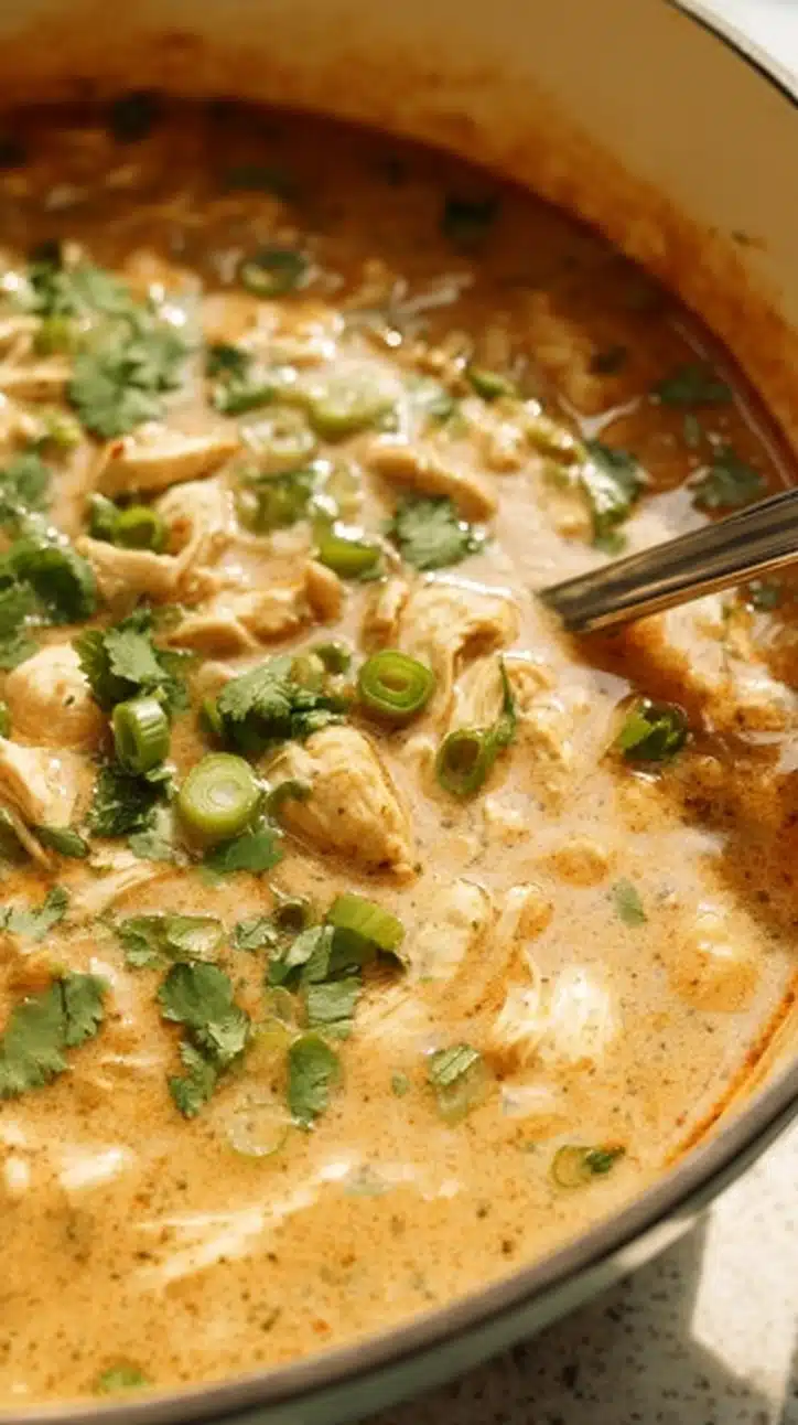 Bowl of delicious white chili chicken topped with cilantro and cheese