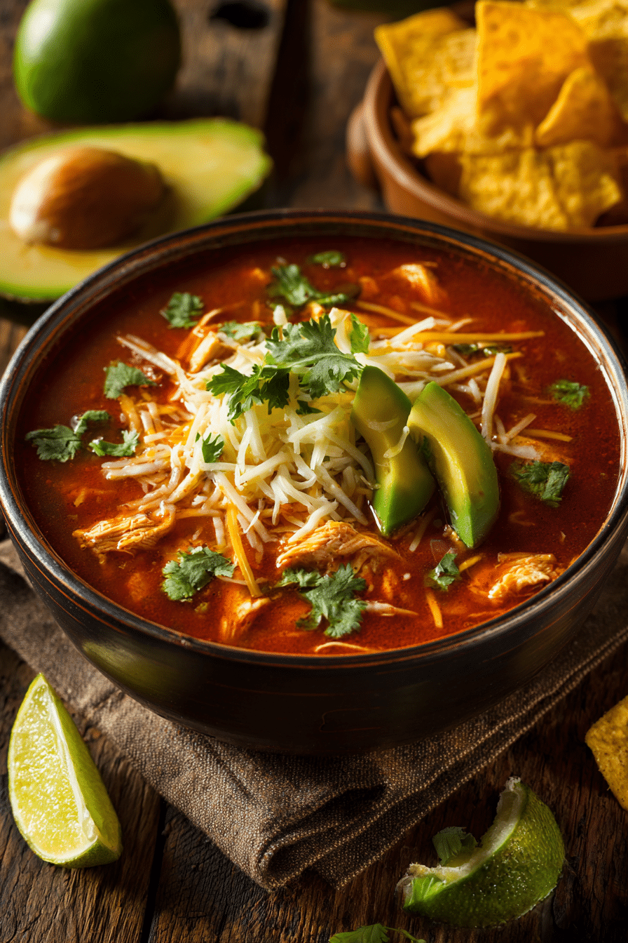 bowl of chicken taco soup topped with cheese, avocado, cilantro, and lime