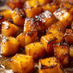 Golden roasted brown sugar butternut squash cubes on parchment
