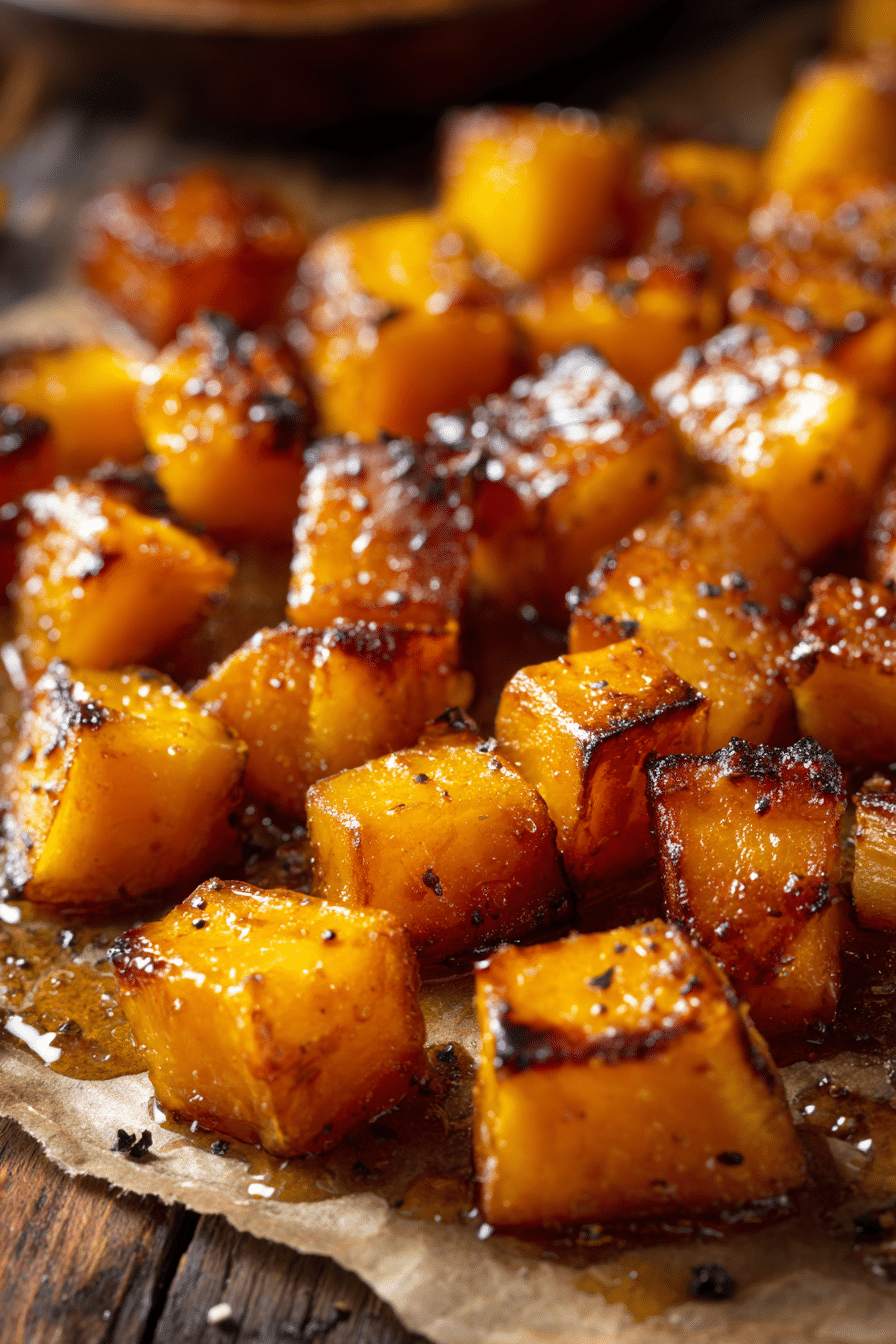 Golden roasted brown sugar butternut squash cubes on parchment