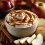 Bowl of creamy caramel apple dip with sliced apples on rustic board