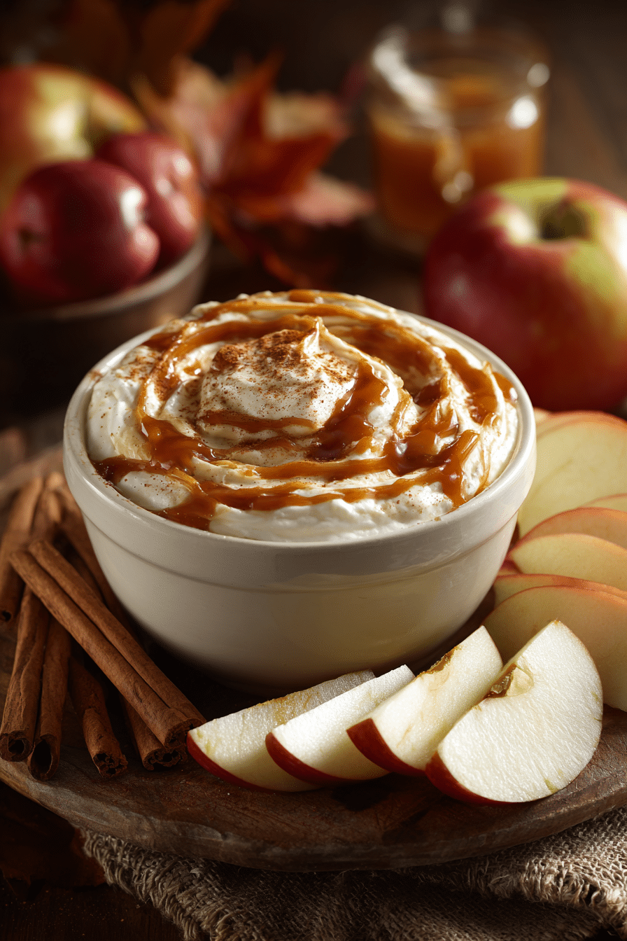 Bowl of creamy caramel apple dip with sliced apples on rustic board