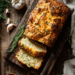 Freshly baked cheddar and herb soda bread loaf with golden crust and sliced pieces on wooden table