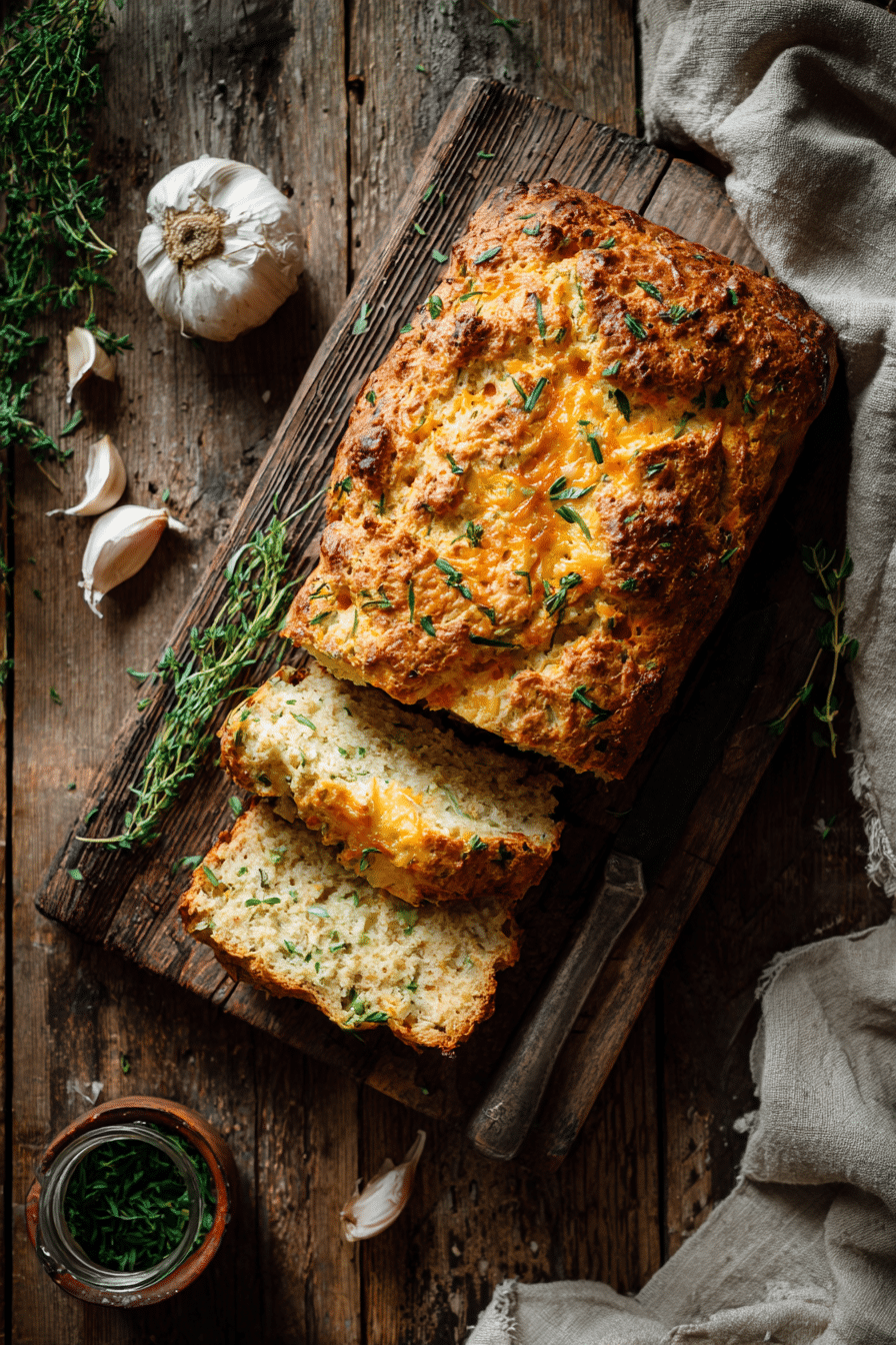 Freshly baked cheddar and herb soda bread loaf with golden crust and sliced pieces on wooden table