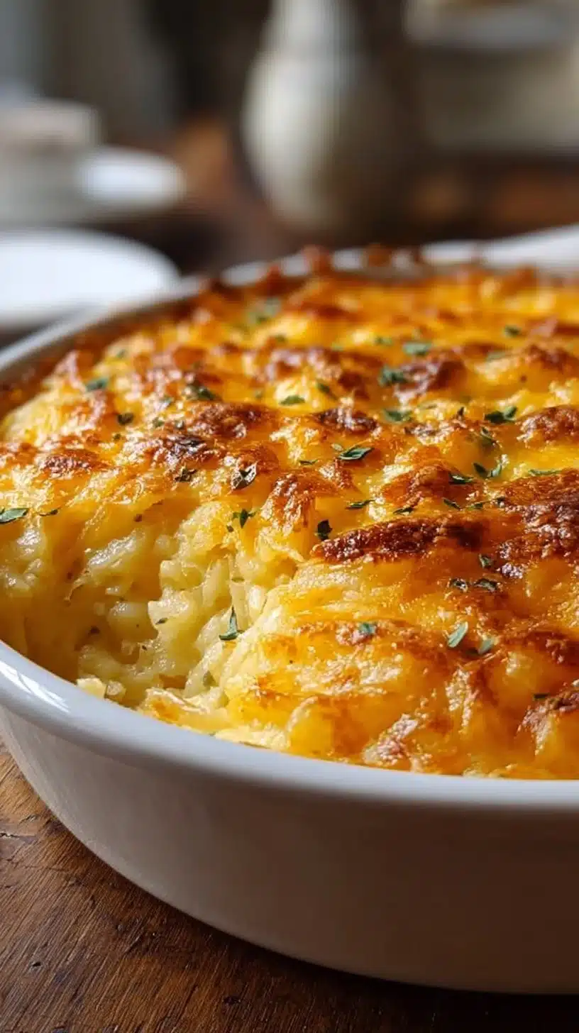 Cheesy hashbrown potato casserole baked to perfection with a golden crust.