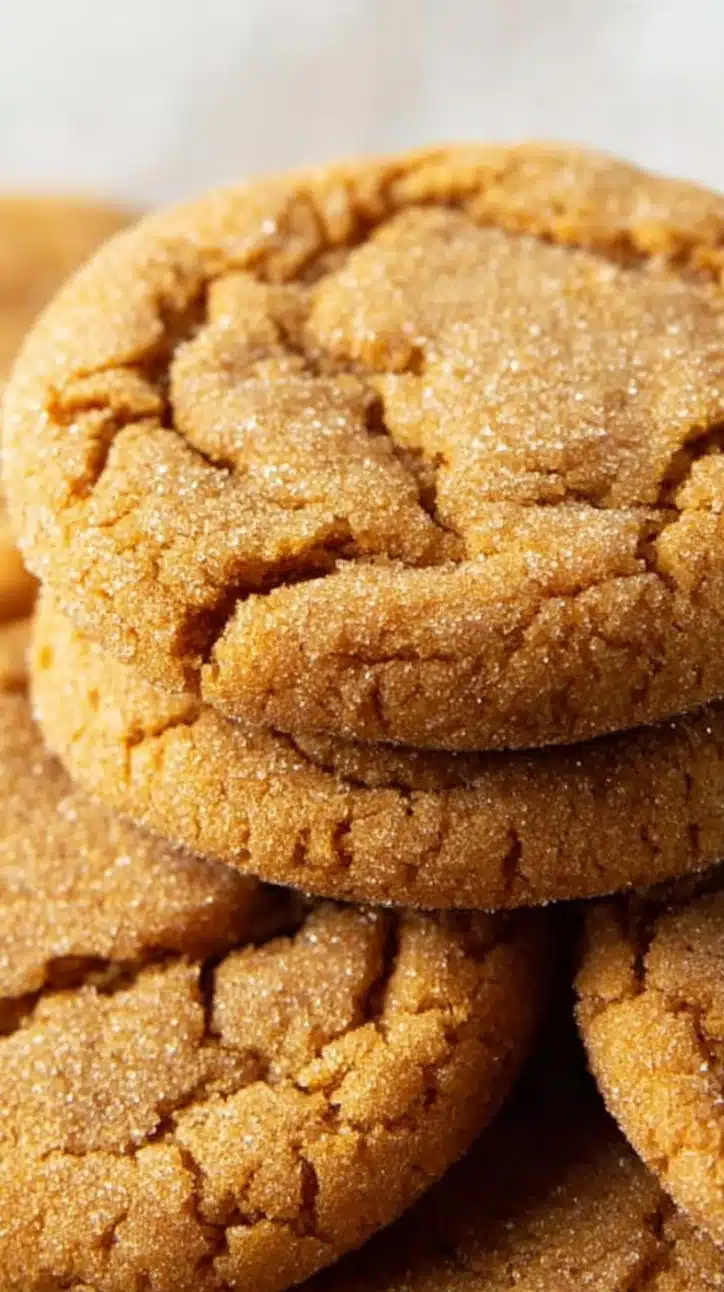Stack of chewy brown sugar cookies with crisp edges and soft centers, sprinkled lightly with sugar.