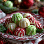 Christmas cream cheese mints in red, green, and white on a holiday plate