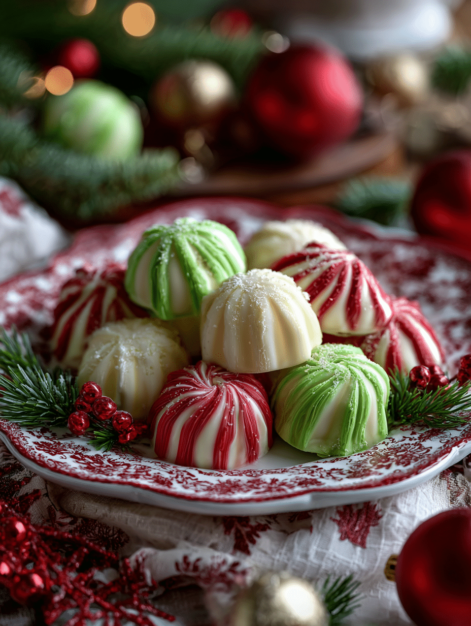 Christmas cream cheese mints in red, green, and white on a holiday plate