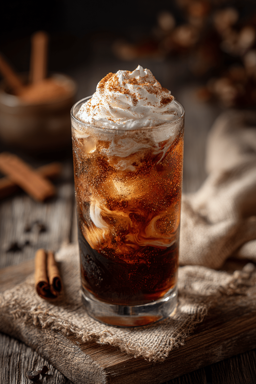 Cinnamon roll dirty soda with creamy swirls and whipped topping