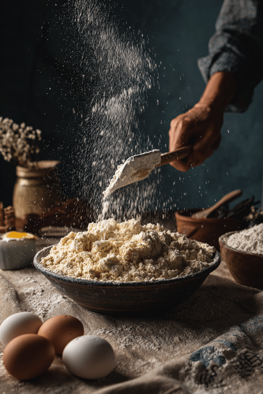 Adding flour to the cookie dough mixture.