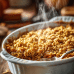 Golden baked cozy apple crisp in a white dish with oat topping