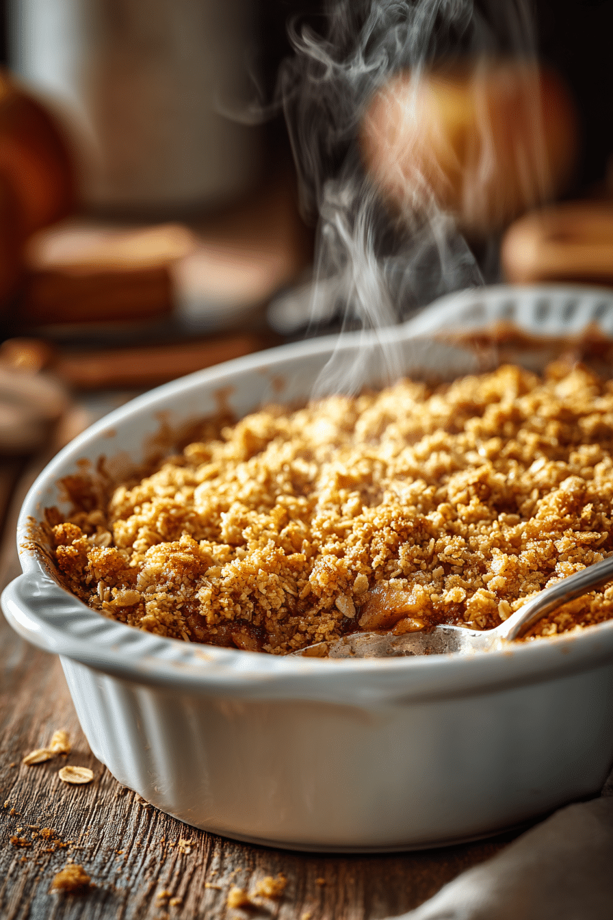 Golden baked cozy apple crisp in a white dish with oat topping