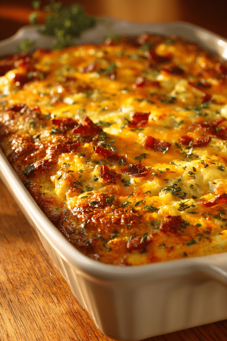 Turkey bacon and cheese Crack Breakfast Casserole baked until golden