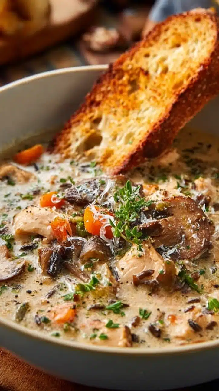Creamy mushroom chicken and wild rice soup served in a rustic bowl, topped with fresh herbs and a drizzle of cream.