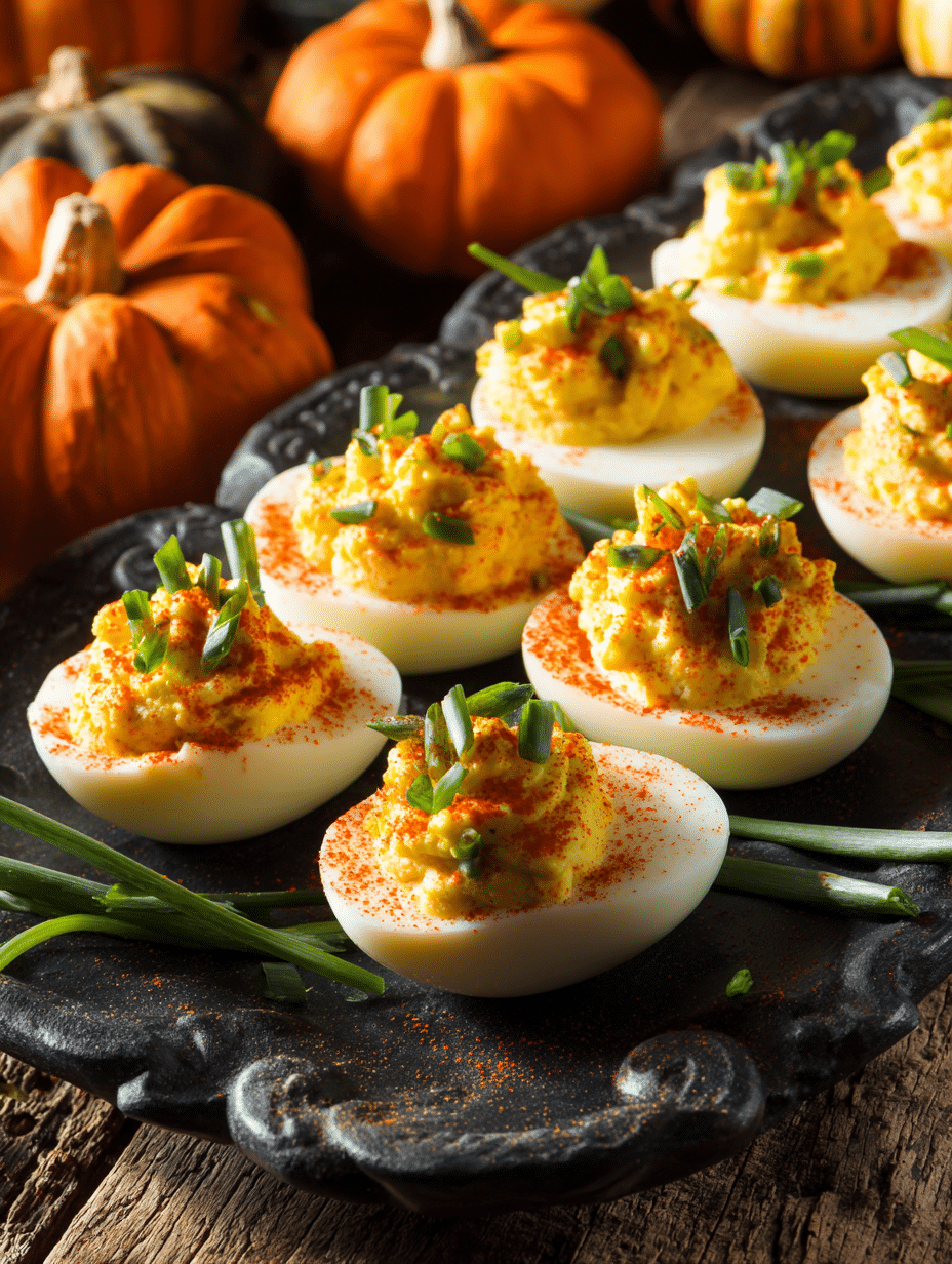 Deviled eggs decorated like pumpkins with paprika and chives.