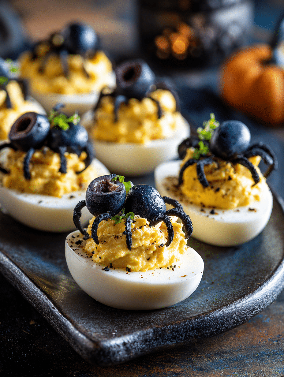 Halloween deviled eggs shaped like spiders.