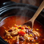 crockpot filled with simmering chicken taco soup being stirred
