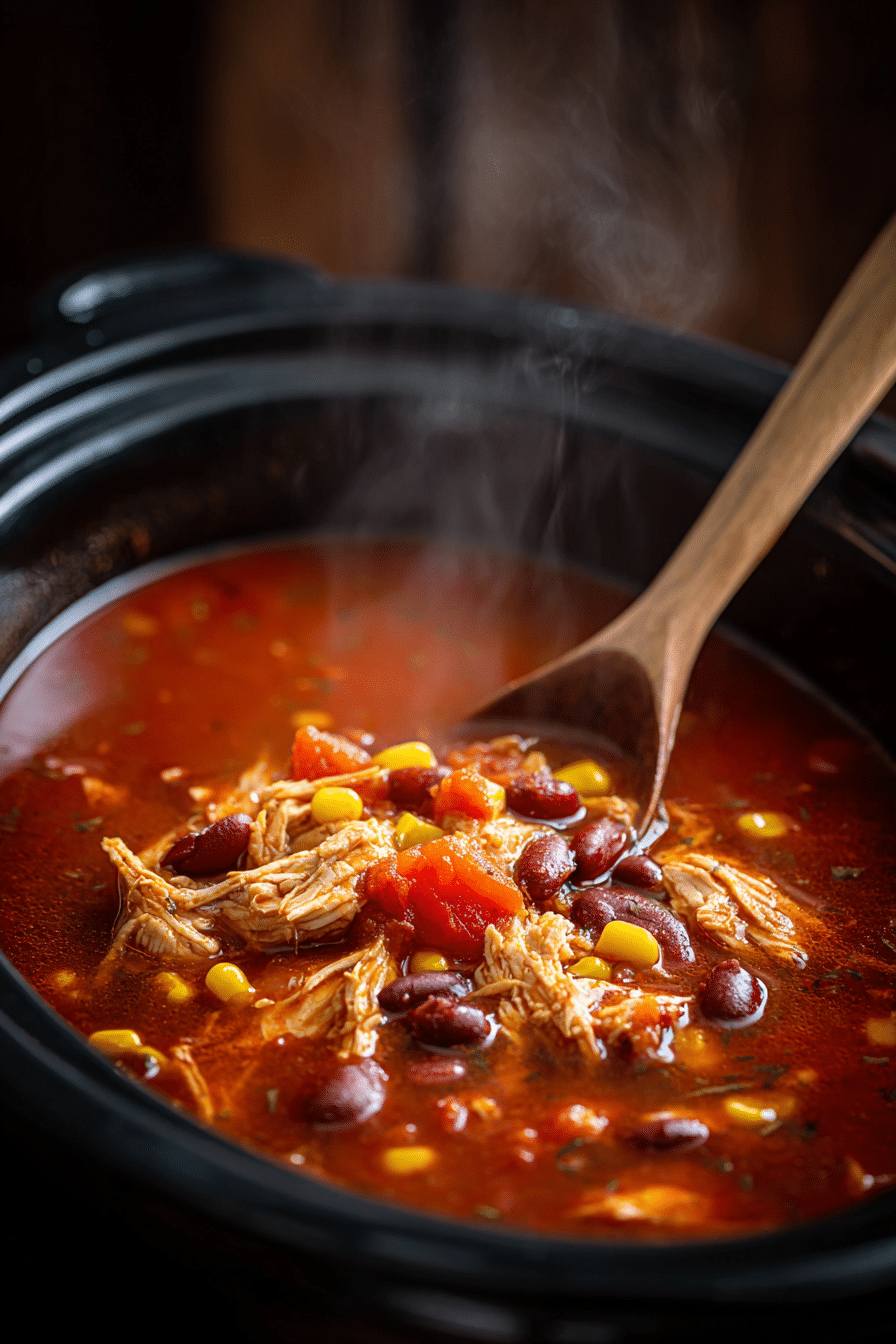 crockpot filled with simmering chicken taco soup being stirred
