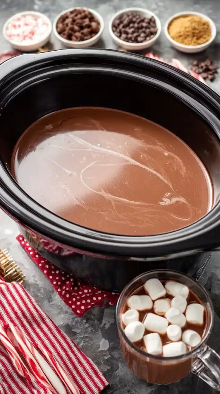 Creamy crockpot hot chocolate served in a cozy mug topped with whipped cream, chocolate drizzle, and mini marshmallows.