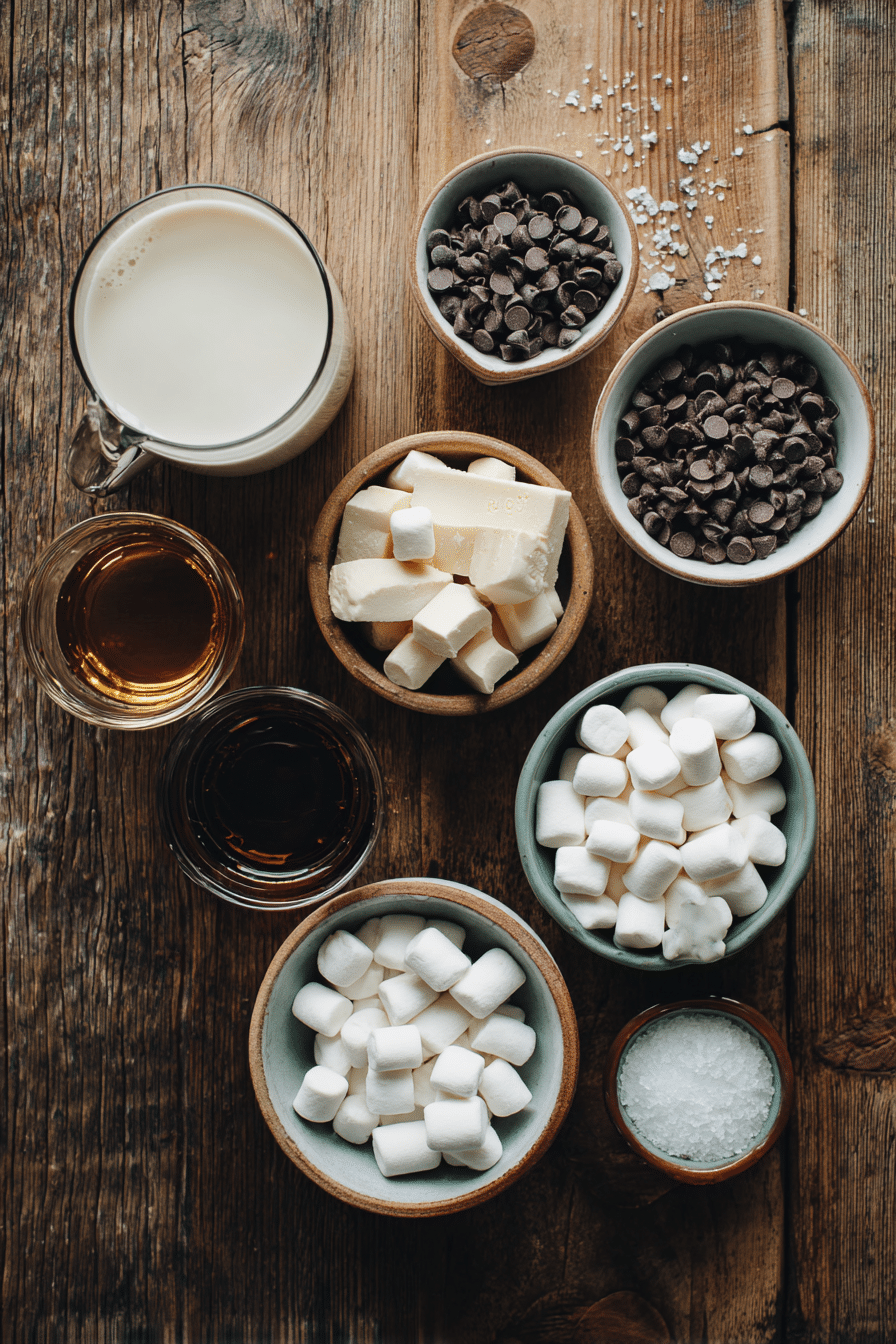 crockpot hot chocolate ingredients laid out on a rustic table