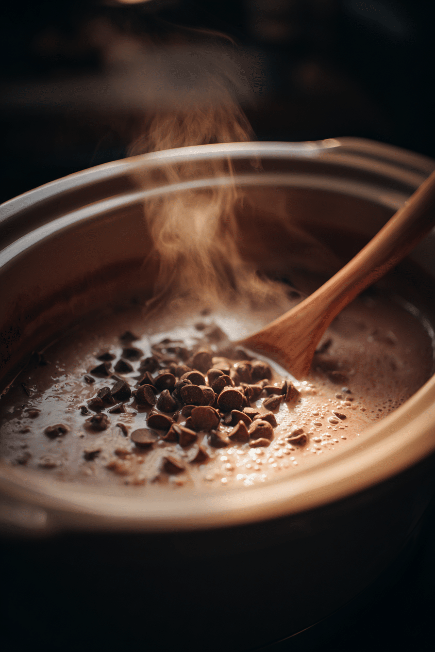 slow cooker filled with melting chocolate chips and milk being stirred