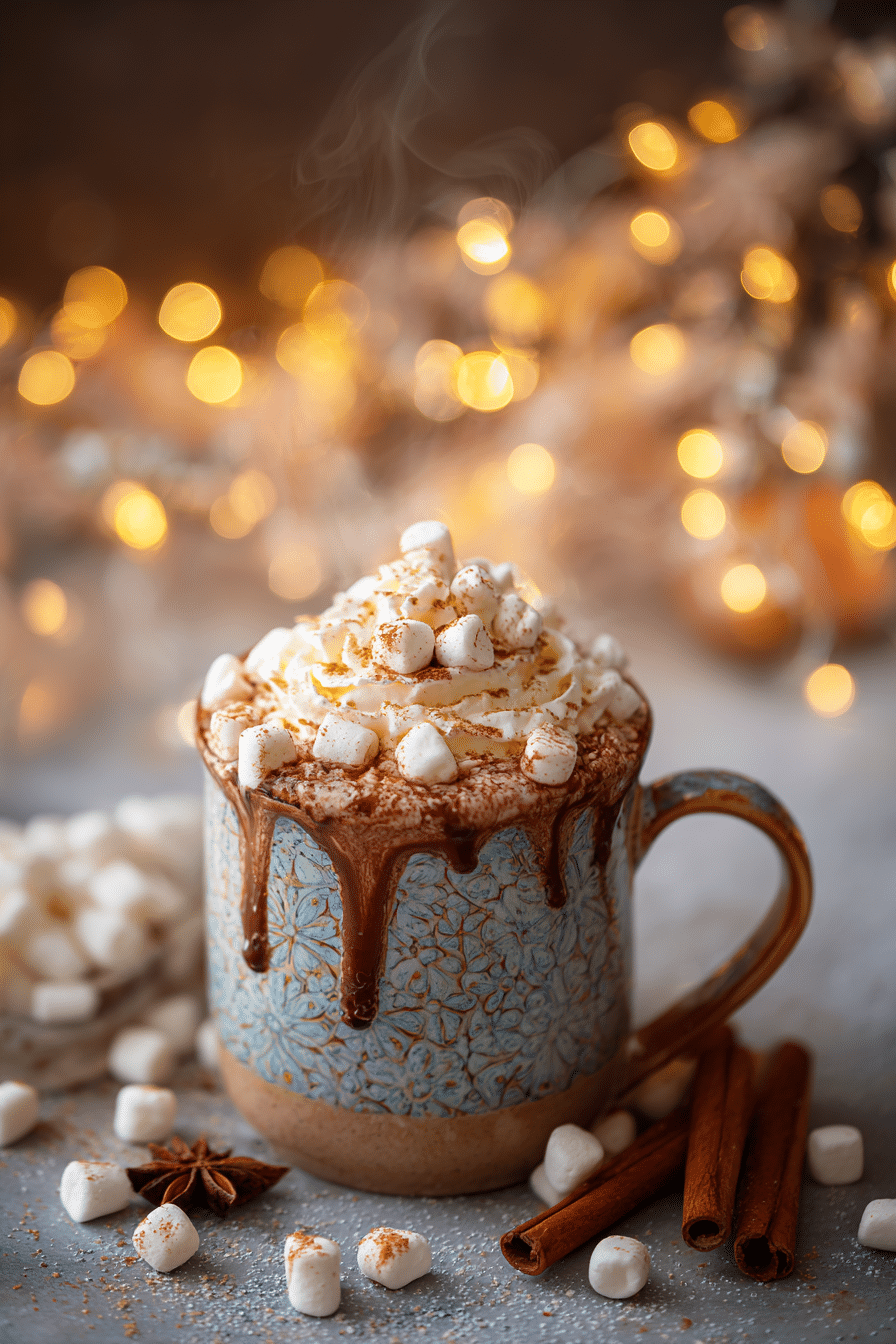 mug of crockpot hot chocolate topped with whipped cream and marshmallows