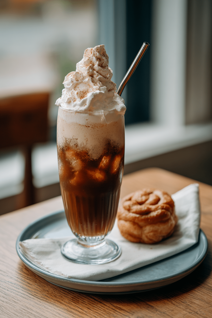 Served cinnamon roll dirty soda with garnish