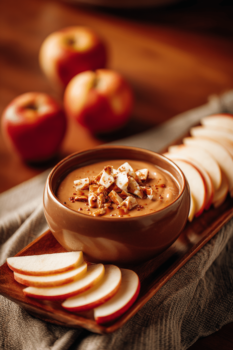 Caramel apple dip topped with toffee bits and served with apple slices
