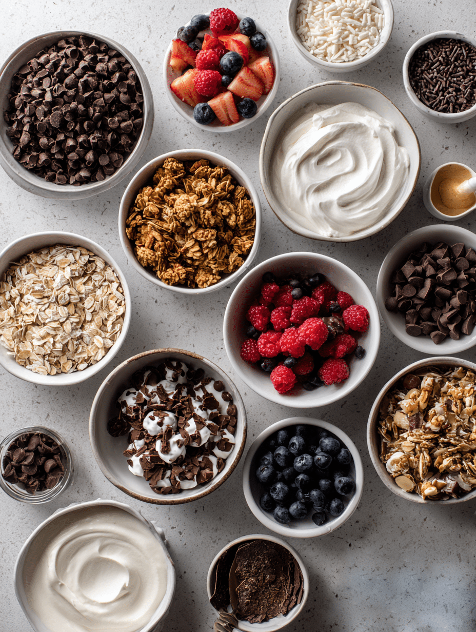 Overhead Halloween parfait bar with yogurt, toppings, and piping bag