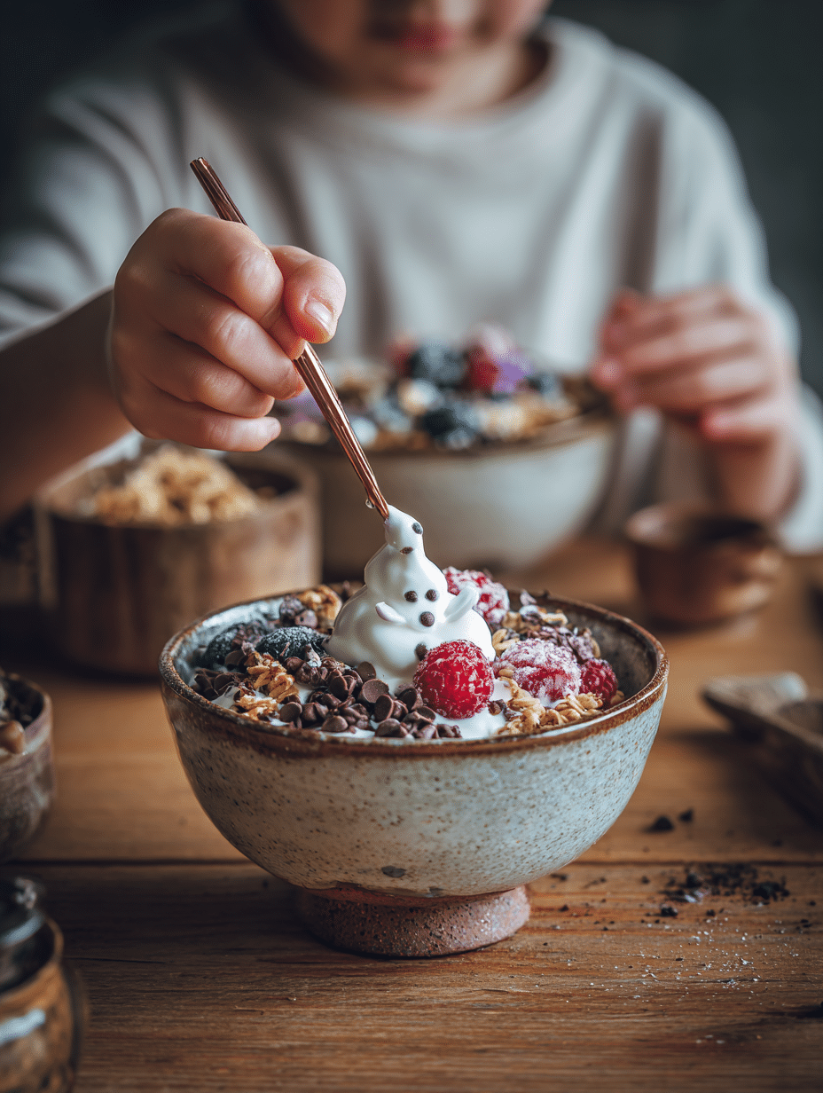 Child piping a ghost face onto a yogurt parfait