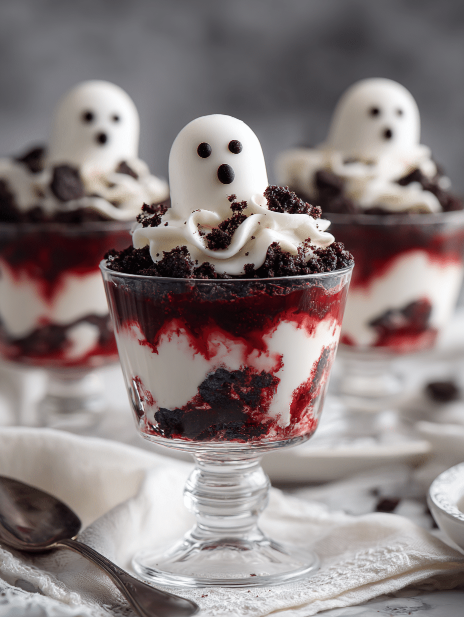 Close-up of a Ghostly Yogurt Parfait with granola and raspberry coulis